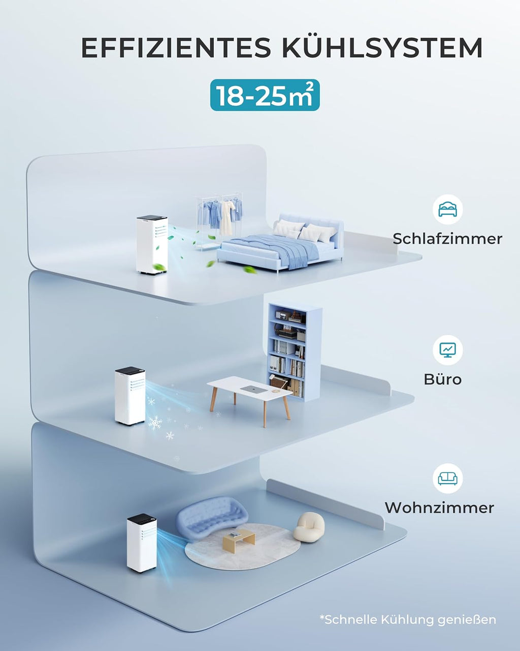 Mobiele airco 9000 BTU met afvoerslang | 4-in-1 Mobiele airconditioner | Stille werking