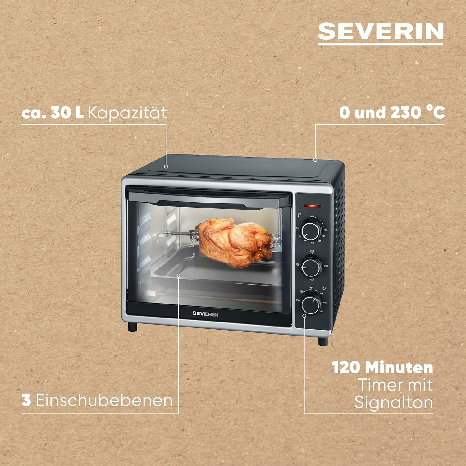 SEVERIN Bak- en Toastoven met heteluchtfunctie, Mini Oven met grillrooster, bakplaat, draaispies en pizzasteen, veelzijdige heteluchtoven met 42 L inhoud, 1.800 W, zwart, TO 2058