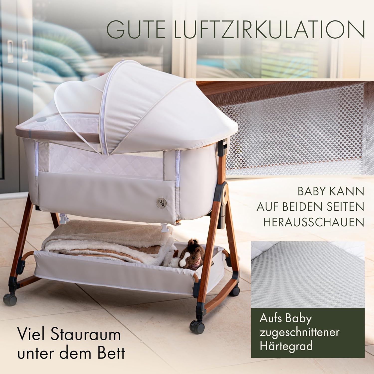 KUNU nieuw baby-co-sleeper - Van ouders voor ouders - Scandinavisch design - Verrijdbaar & schommelfunctie - In hoogte verstelbaar - Baby-geoptimaliseerd matras - incl. reistas