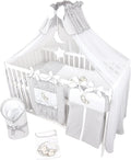 Bello24 - 16-delig babybed wieg en beddengoed compleet set Happy Leo incl. matras in hoogte verstelbaar voor pasgeborenen baby's en peuters van massief hout (Grijs - Teddybeer Maan)