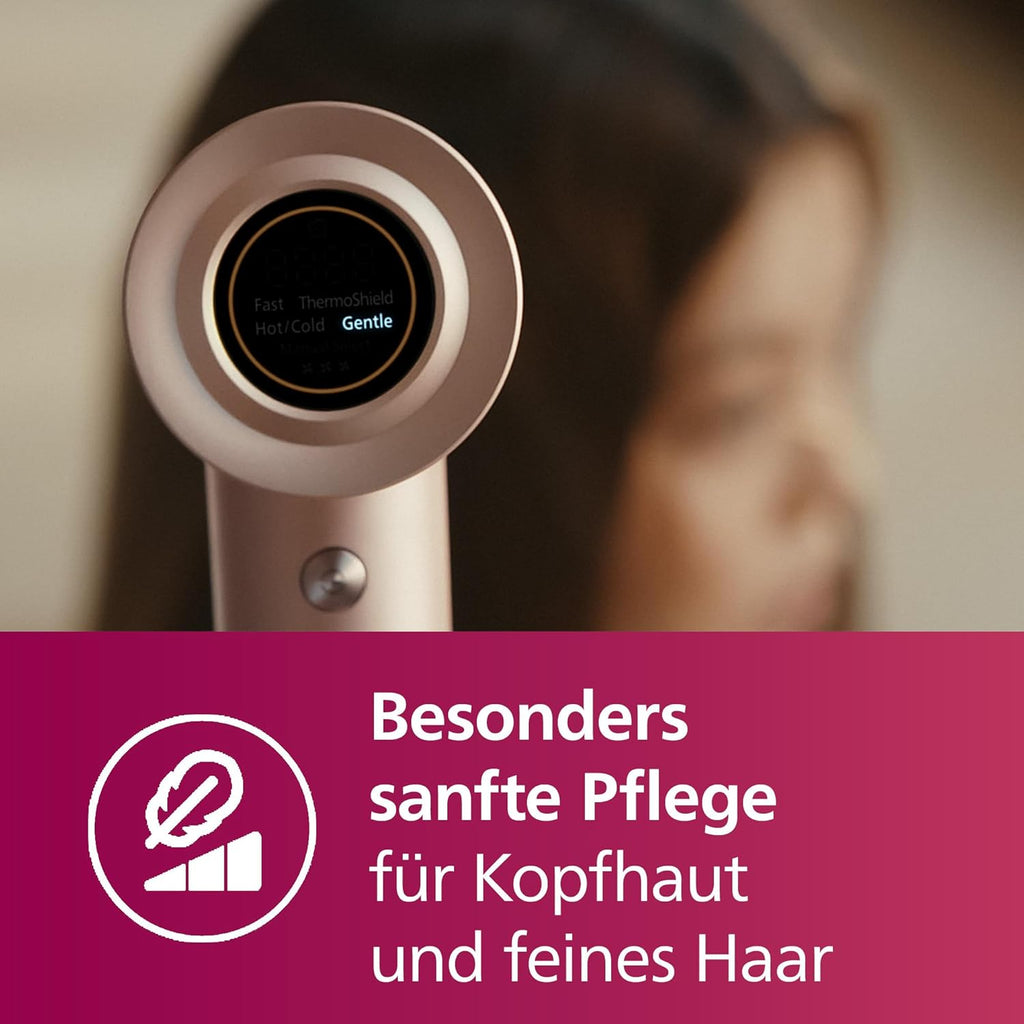 Philips Hogesnelheids-haardroger uit de 8000-serie, ThermoShield Advanced, ionisch, stylingmondstuk en diffuser, hoofdhuidverzorging, 1400 W, Rose Champagne, model BHD837/10