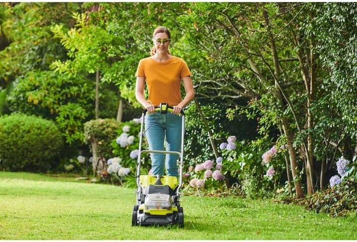 RYOBI 18 V ONE+ Accu-grasmaaier RLM18X33B40 (snijbreedte 33 cm, 5-voudige hoogteverstelling 25-65 mm, inklapbare duwbeugel, incl. mulchplug, 35l grasvangzak, 4,0Ah accu & lader)