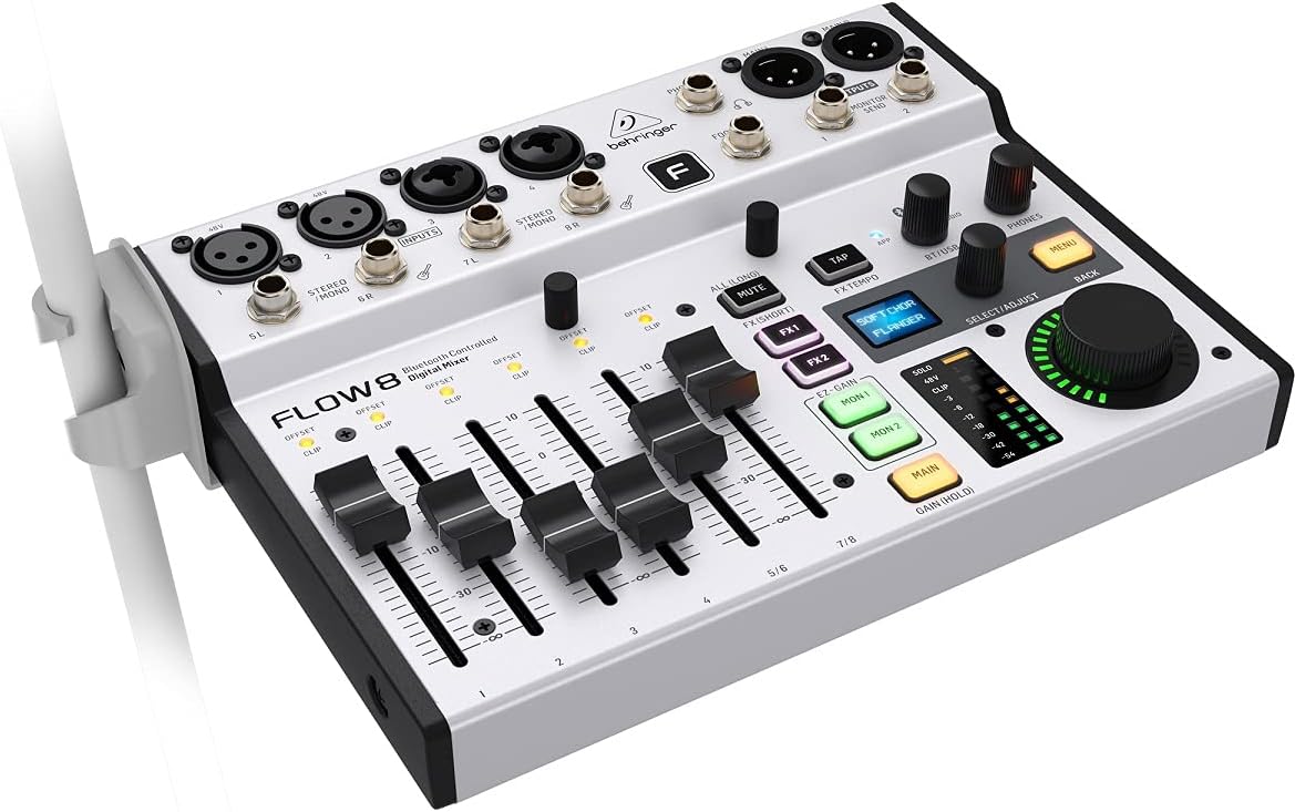 Behringer FLOW 8 digitale mixer met 8 ingangen en Bluetooth-audio en app-bediening, faders van 60 mm, 2 FX-processors en USB/audio-interface