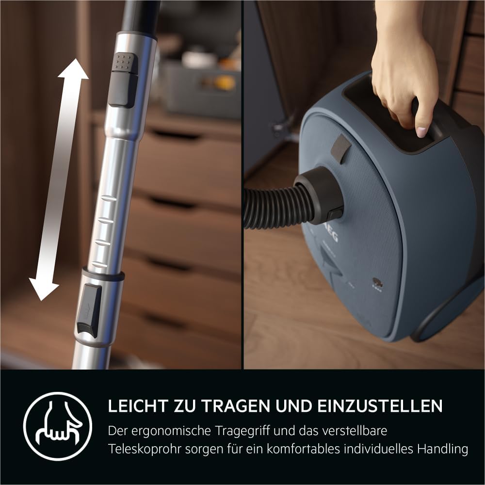 AEG CLEAN 6000 AB61C2DB stofzuiger met zak / hoge zuigkracht / incl. meubelmondstuk / 50% gerecycled plastic / ideaal voor huisdiereigenaren / reiniging van bekleding / 12 m snoer / 750 W / Blauw