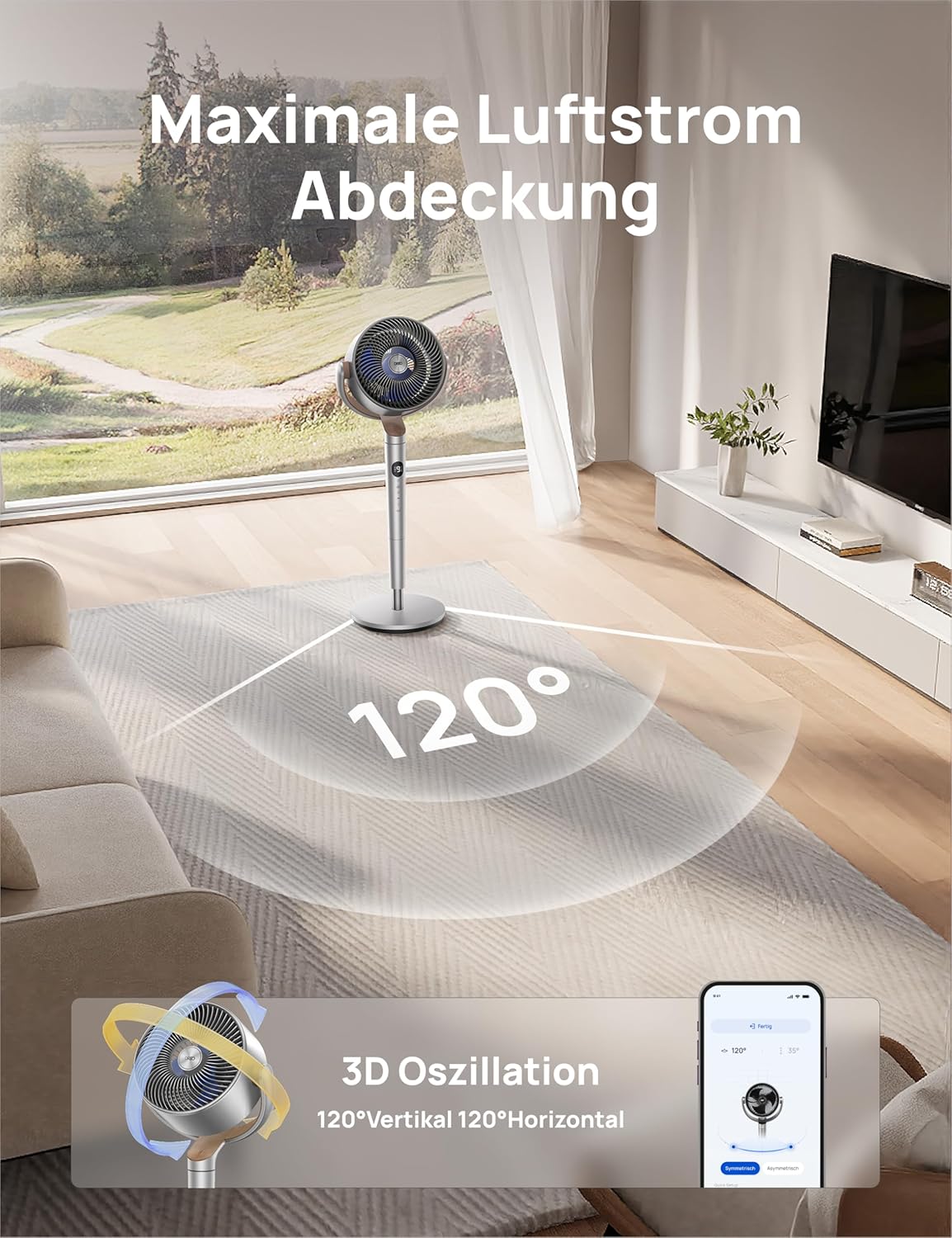 Dreo Slimme Staande Ventilator met RGB-licht, 120° +120° Oscillerende Ventilator met Afstandsbediening, 20dB Stille Vloerventilator voor Slaapkamer, 8H Timer, Zilver