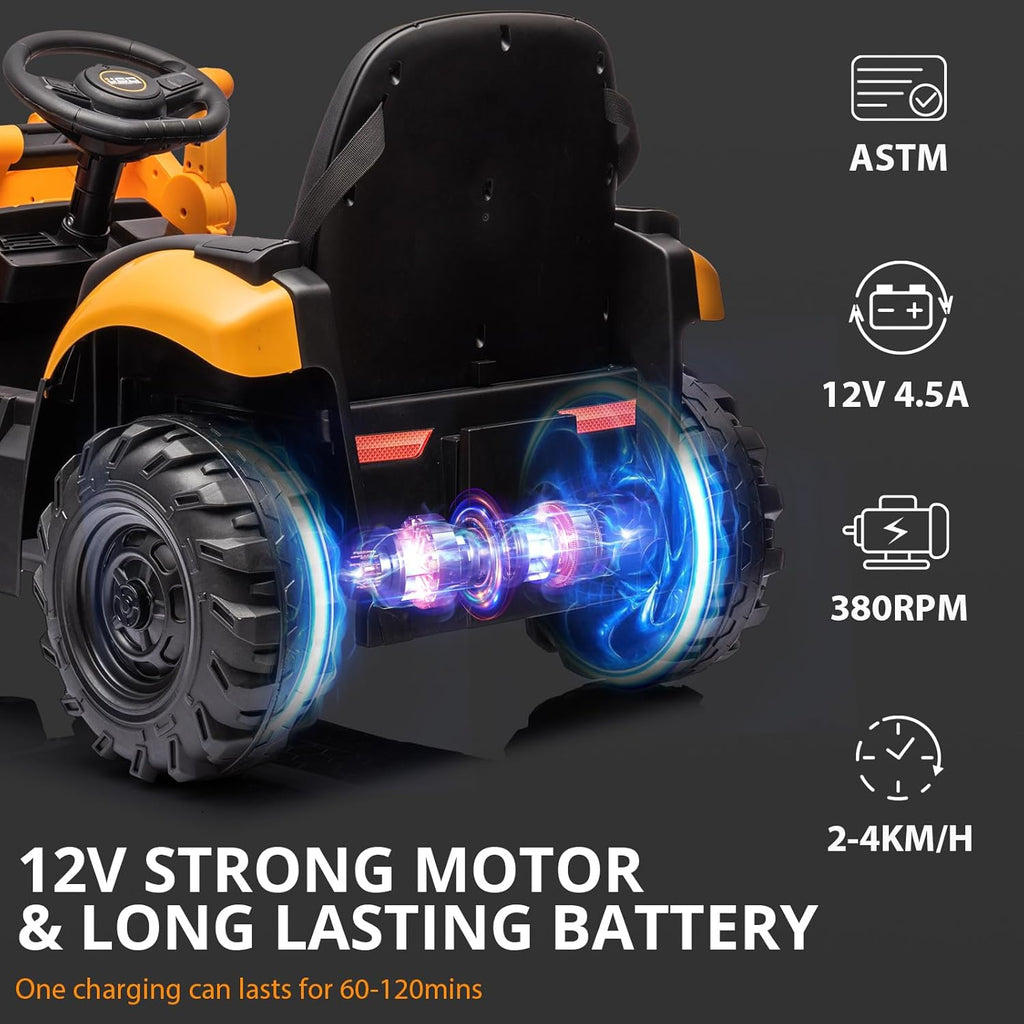 4-in-1 elektrische graafmachine en bulldozer, 12V elektrische kinderauto's met afstandsbediening, voorlader, graafmachine, claxon, EVA-banden, geel