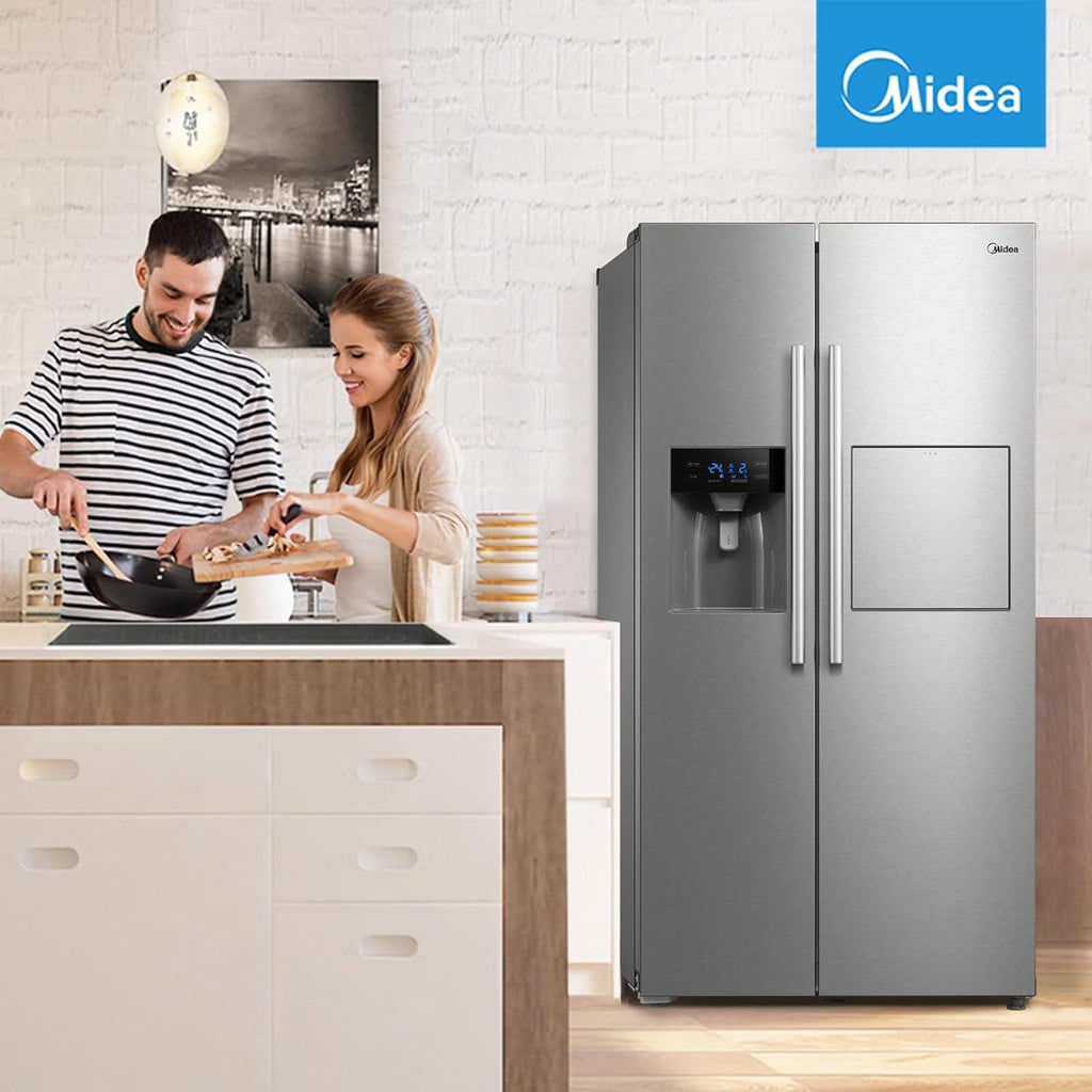 Midea KS-DDX 6.32 WT Amerikaanse koelkast/178,8 cm hoogte/254 kWh/jaar/No Frost/Dual Inverter Compressor/met 3-in-1 water-/ijsdispenser en watertank, Dark Inox