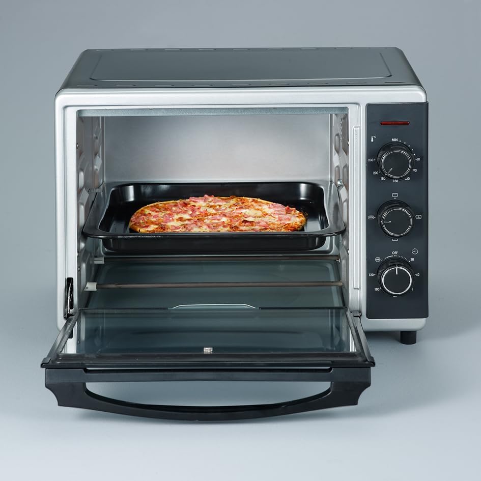 SEVERIN Bak- en Toastoven met heteluchtfunctie, Mini Oven met grillrooster, bakplaat, draaispies en pizzasteen, veelzijdige heteluchtoven met 42 L inhoud, 1.800 W, zwart, TO 2058