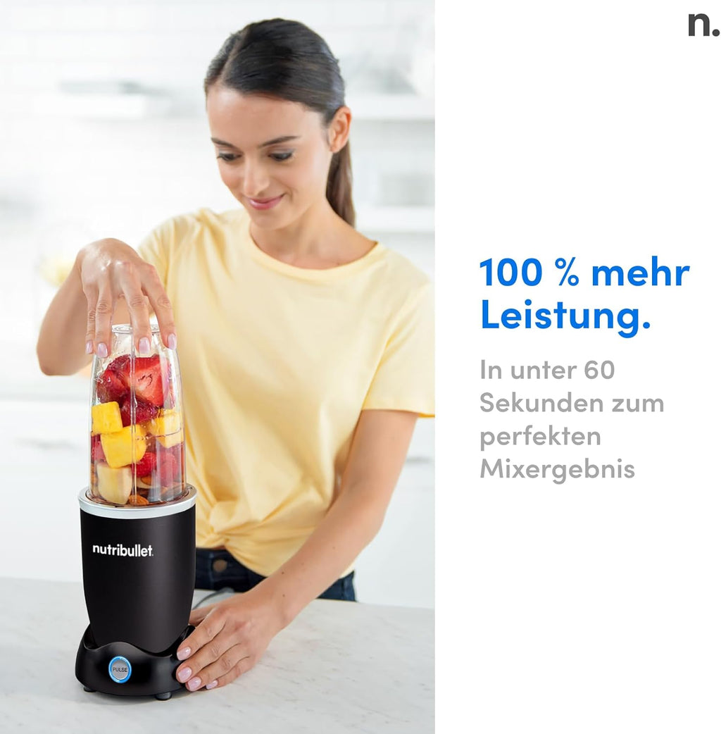Nutribullet Pro 1200, elektrische blender, hakmolen, smoothieblender, multifunctionele blender, 1200w vermogen, 700ml en 900ml bekers, zwart, NB120MB