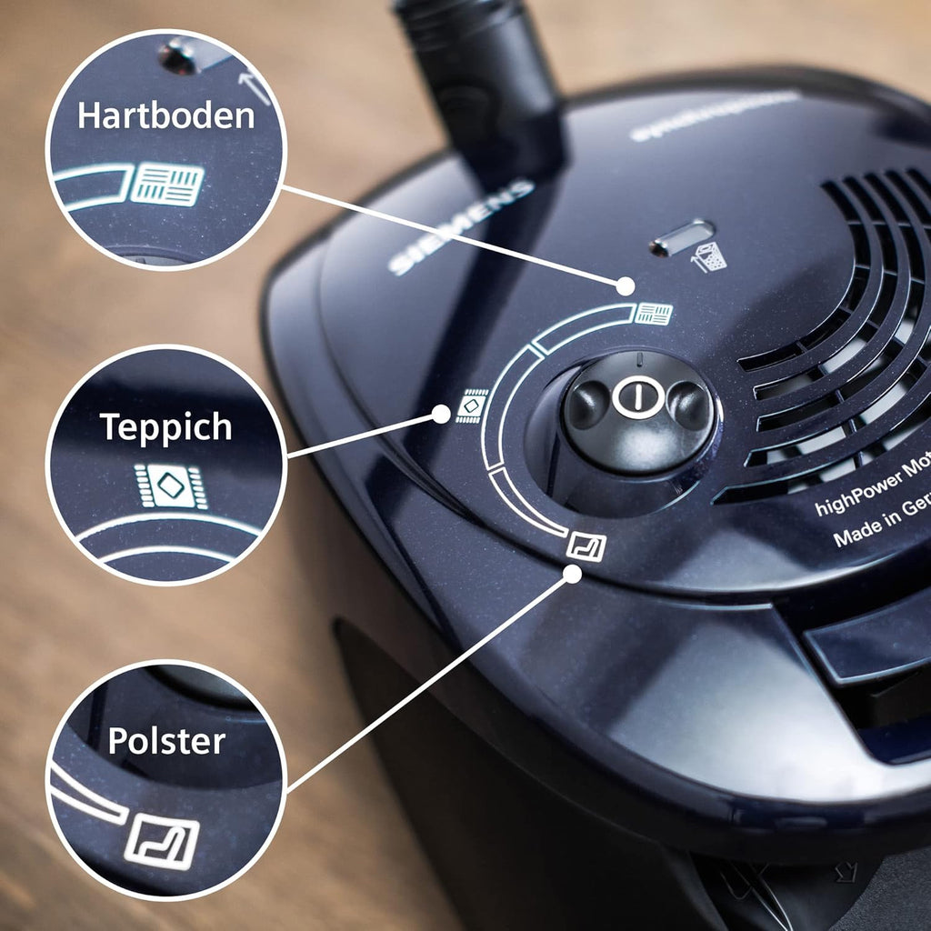 Siemens stofzuiger met zak synchropower VS06A111, stofzuiger, hygiënefilter, vloermond voor harde vloeren en tapijt, sterke zuigkracht, lange kabel, kierenzuiger, 600 W, blauw