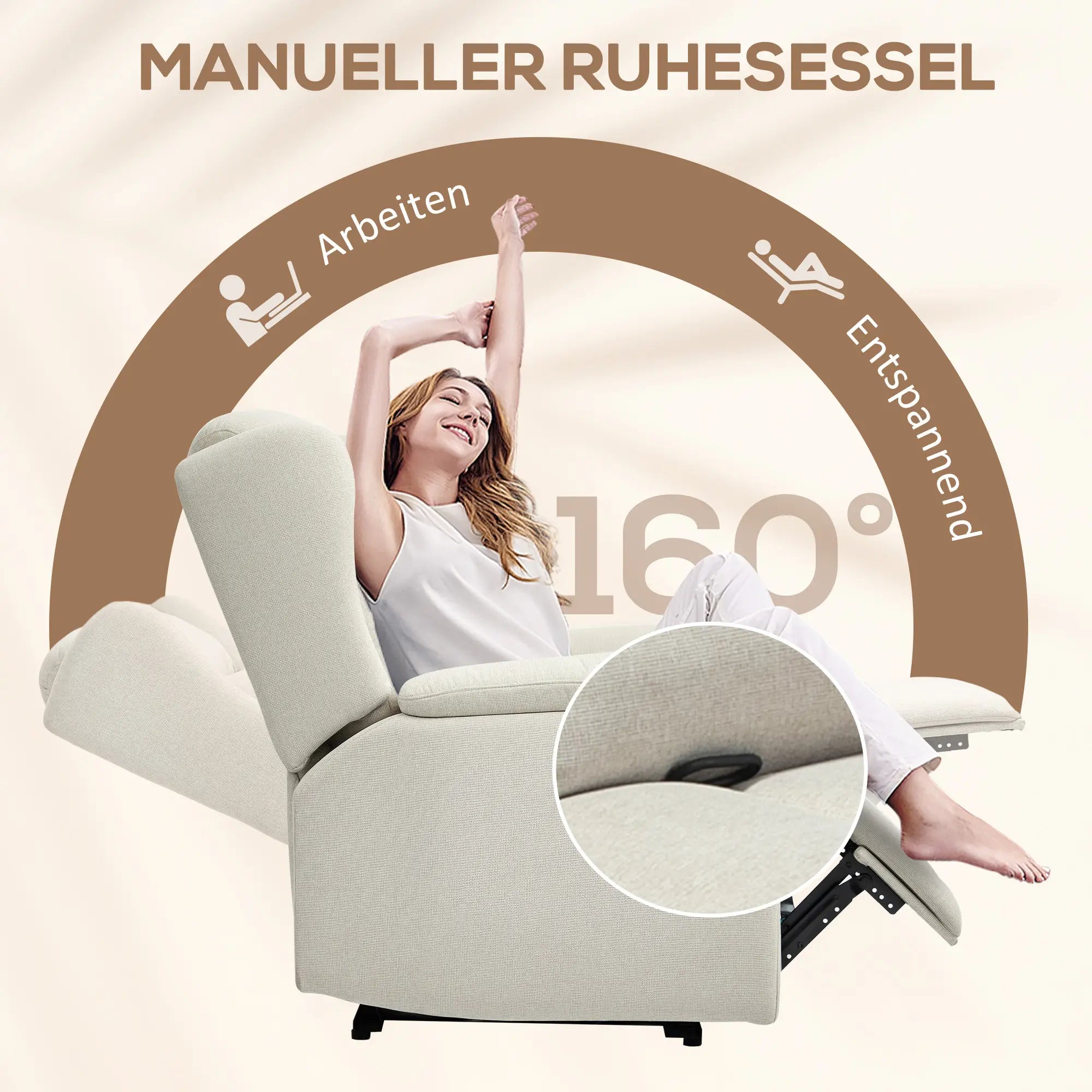 HOMCOM Relaxfauteuil Ligstoel 160° verstelbaar Pocketvering Beige