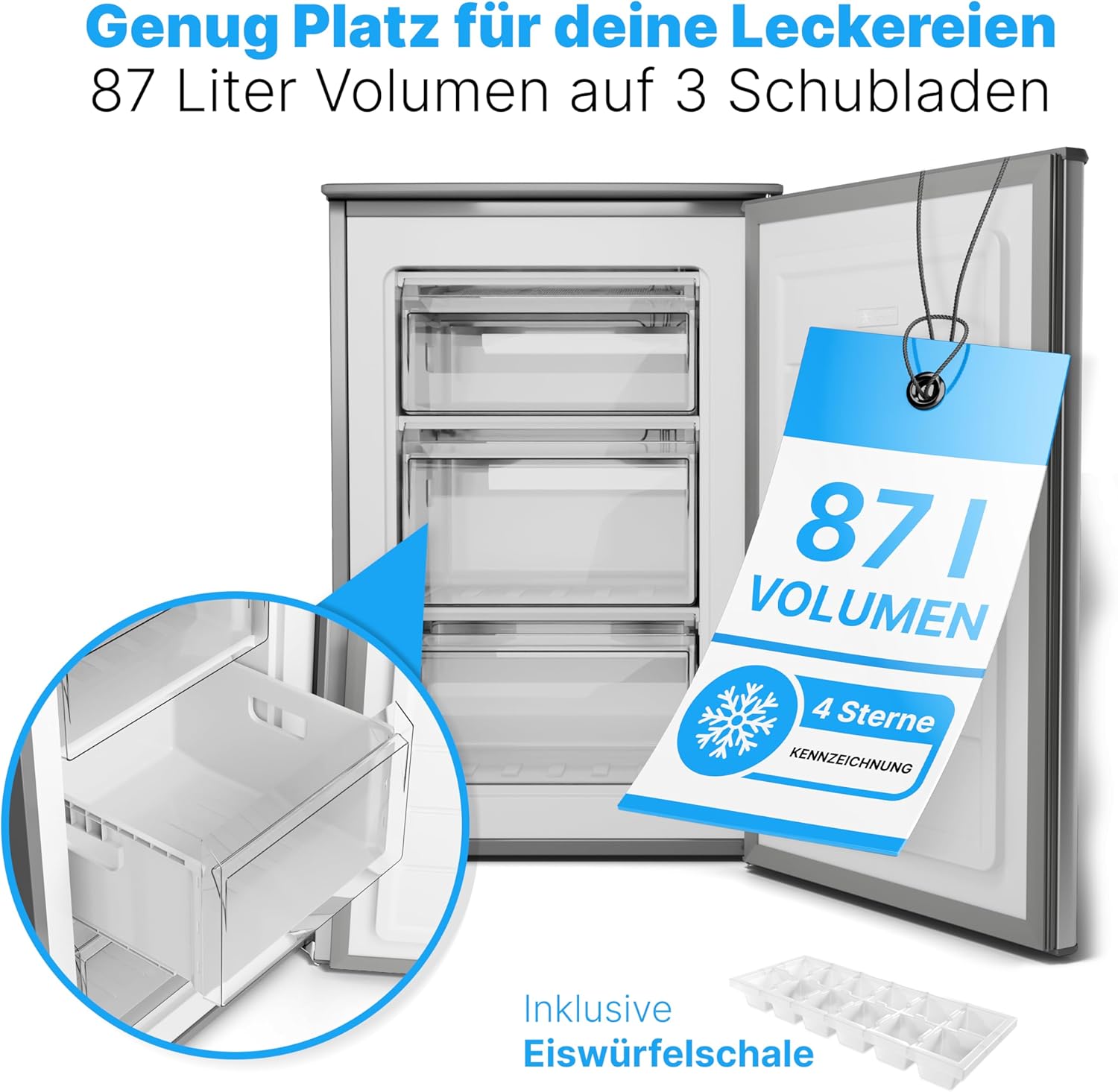 Bomann® Vriezer 87L | Kleine vriezer met temperatuurbereik ≤ -18°C | 3 laden | Vriezer met verwisselbare deuraanslag | Kleine vriezer GS 7253 wit