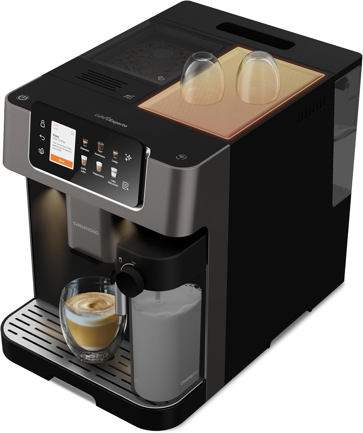 GRUNDIG KVA 7230 volautomatische koffiemachine, 10 koffiespecialiteiten, 13 maalfijnheden, melkreservoir, krachtig 1350 W, 19 bar pompdruk, dubbele uitloop, verlichting, Zwart/Donkerzilver