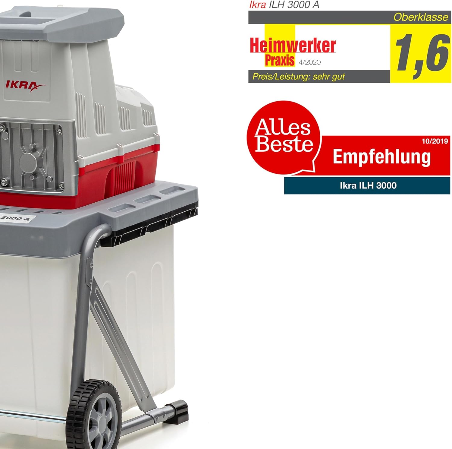 IKRA 81002880 elektrische tuinhakselaar rolhakselaar ILH 3000 A, stil, robuust, onderhoudsarm, sterk 3.000 watt, takdikte tot 44 mm, 230 V