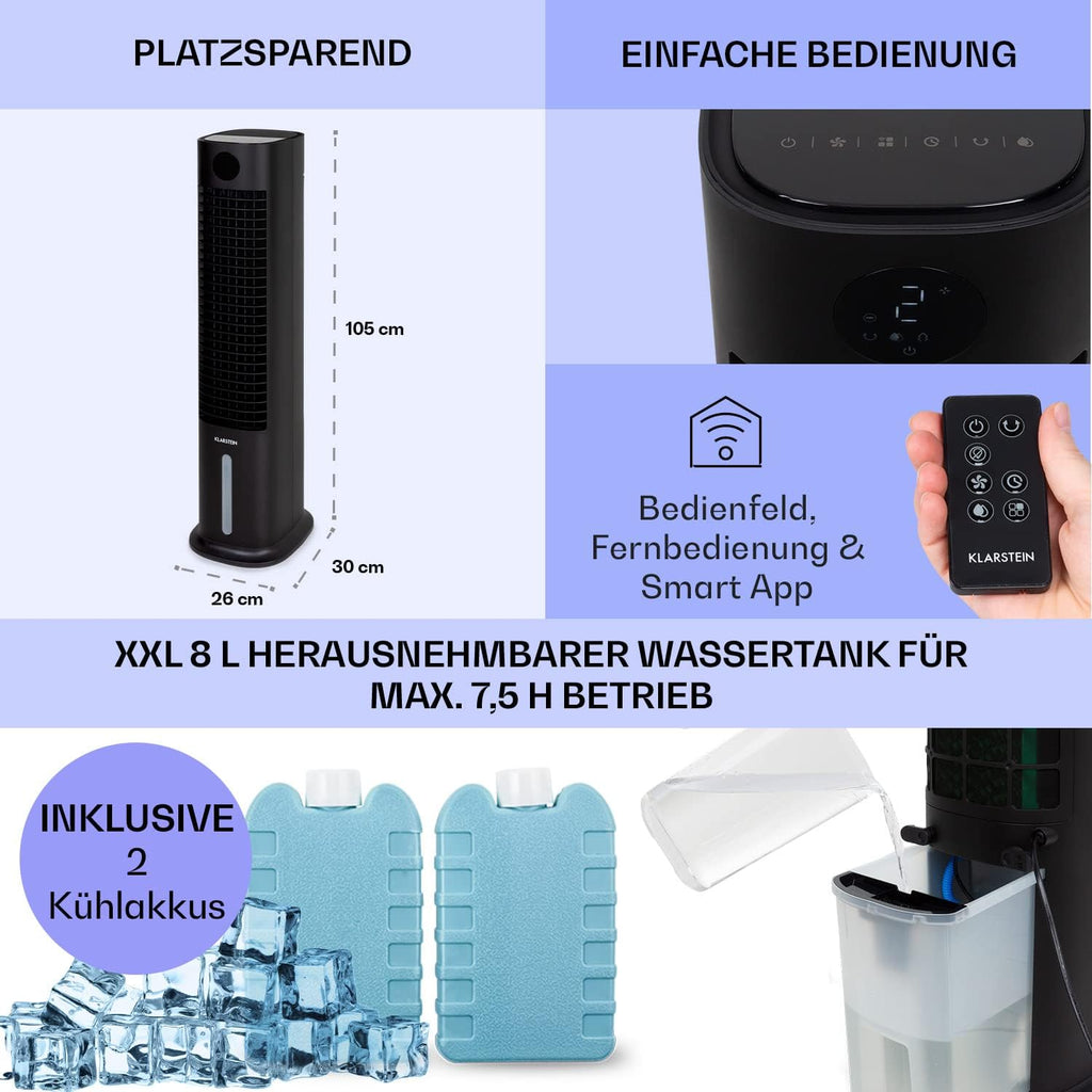Klarstein Luchtkoeler met Waterkoeling, 5-in-1 Verdampingskoeler, Luchtbevochtiger, Ventilator & Luchtreiniger, Mobiele Airconditioner Luchtkoeler met App-Bediening, 80W Air Cooler, 462m³/h Luchtstroom, Wit