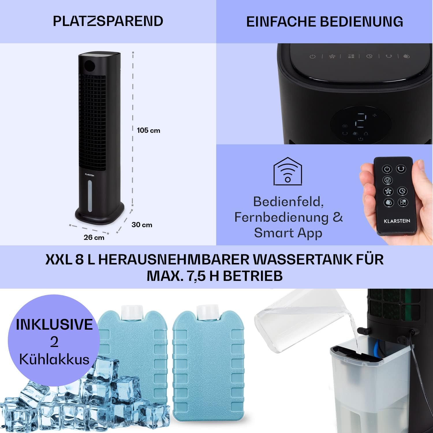 Klarstein Luchtkoeler met Waterkoeling, 5-in-1 Verdampingskoeler, Luchtbevochtiger, Ventilator & Luchtreiniger, Mobiele Airconditioner Luchtkoeler met App-Bediening, 80W Air Cooler, 462m³/h Luchtstroom, Wit