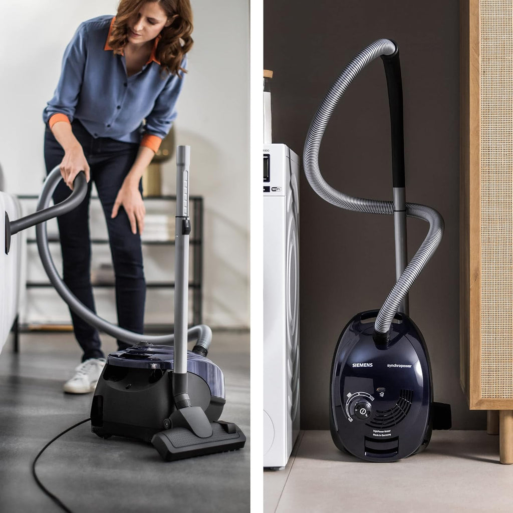 Siemens stofzuiger met zak synchropower VS06A111, stofzuiger, hygiënefilter, vloermond voor harde vloeren en tapijt, sterke zuigkracht, lange kabel, kierenzuiger, 600 W, blauw