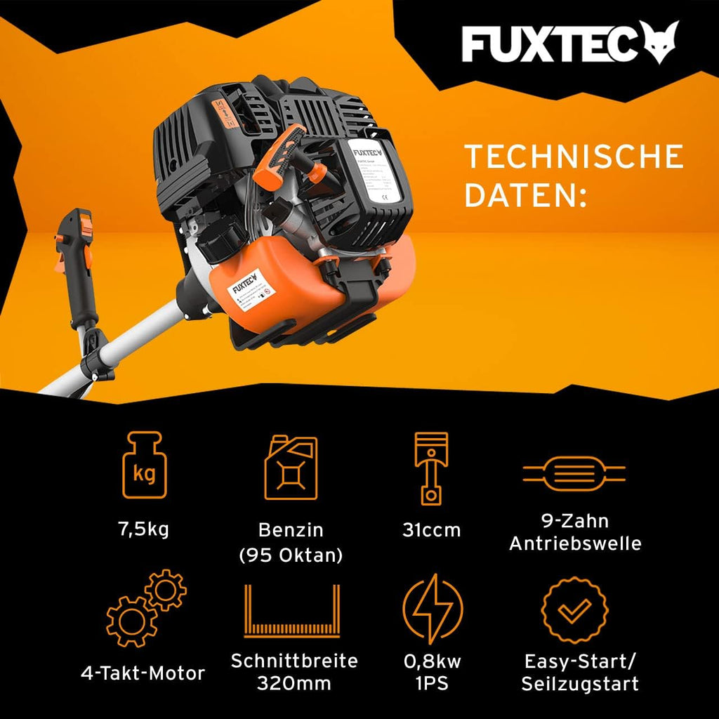 FUXTEC Benzine bosmaaier FX-4MS131, grastrimmer met 4-taktmotor, 320 mm snijcirkel, ergonomische tweehandige handgreep, noodstopschakelaar, lichtgewicht, incl. professionele draagriem/mes/draad