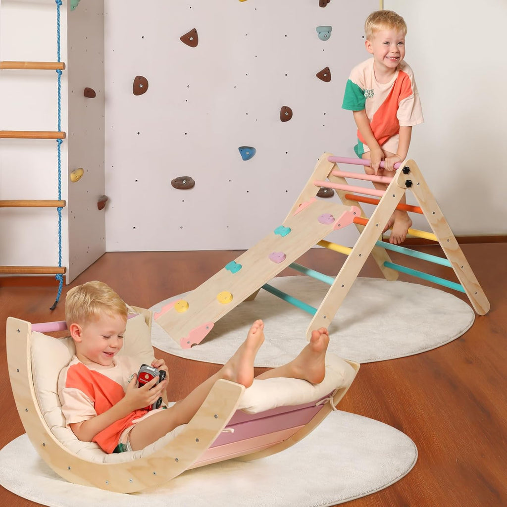 Driehoekset met kussen, 5-in-1 Montessori klimset, opvouwbaar, klim-binnenspeeltuinset voor peuters, houten klimspeelgoed met glijbaan en klimboog voor kinderen (houtkleur)
