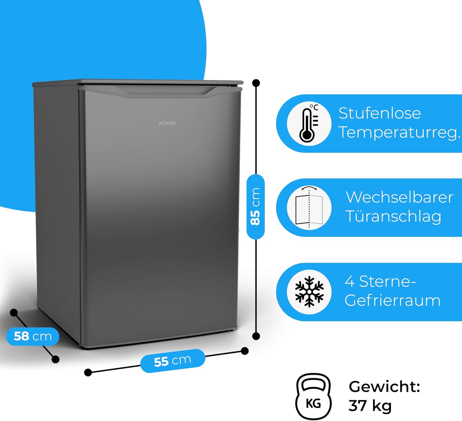 Bomann® Vriezer 87L | Kleine vriezer met temperatuurbereik ≤ -18°C | 3 laden | Vriezer met verwisselbare deuraanslag | Kleine vriezer GS 7253 wit