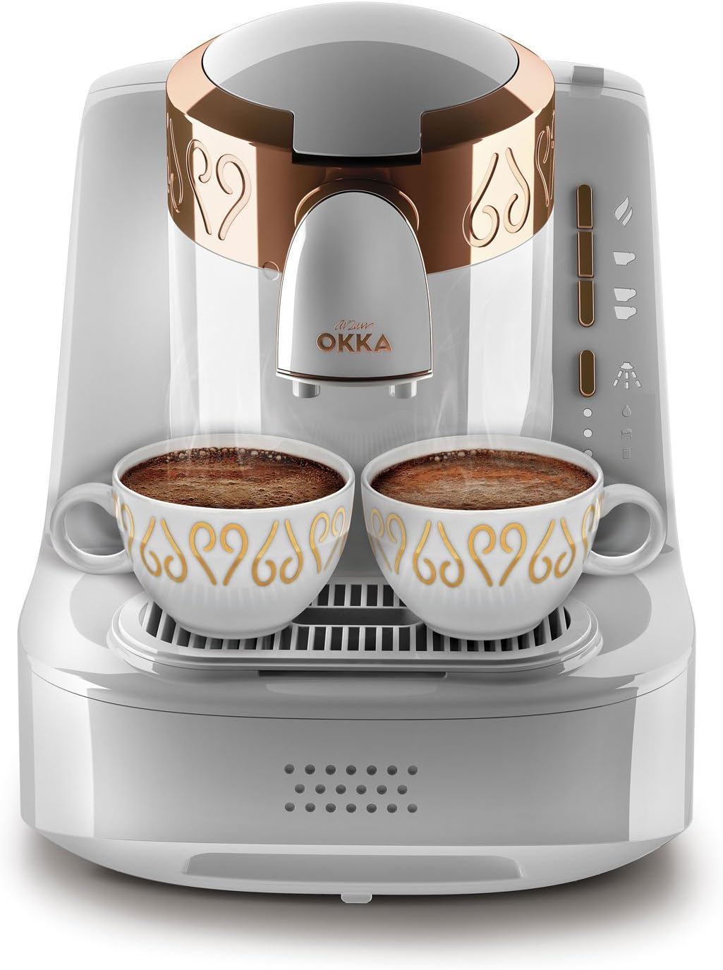 Arzum Okka Turkse koffiemachine, volautomatisch, 3 kopmaten, zelfreinigingsfunctie, watertank van 950 ml, overloopbeveiligingssensor, compact ontwerp, zwart-goud