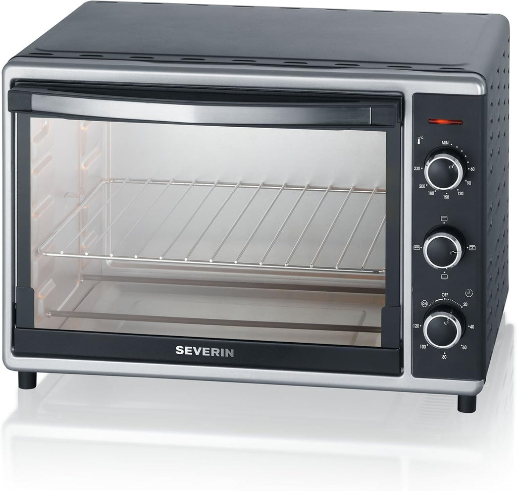 SEVERIN Bak- en Toastoven met heteluchtfunctie, Mini Oven met grillrooster, bakplaat, draaispies en pizzasteen, veelzijdige heteluchtoven met 42 L inhoud, 1.800 W, zwart, TO 2058