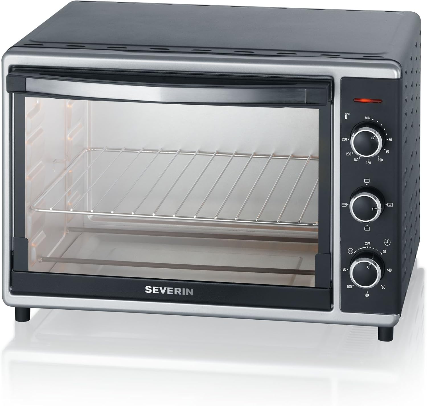 SEVERIN Bak- en Toastoven met heteluchtfunctie, Mini Oven met grillrooster, bakplaat, draaispies en pizzasteen, veelzijdige heteluchtoven met 42 L inhoud, 1.800 W, zwart, TO 2058