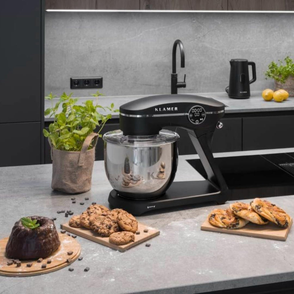 KLAMER Keukenmachine 1800W, Kneedmachine Brooddeeg met RVS Mengkom 6 L, 10 Snelheden met Timer, Planetaire Menging, Klopper, Deeghaak, Garde & Spatscherm (zwart)