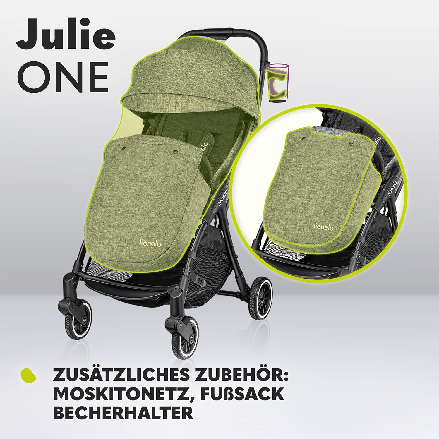 LIONELO Julie One Buggy kinderwagen tot 22 kg, verstelbare rugleuning en voetsteun, muskietennet, beenwarmers, bekerhouder en draagtas, inklapbaar