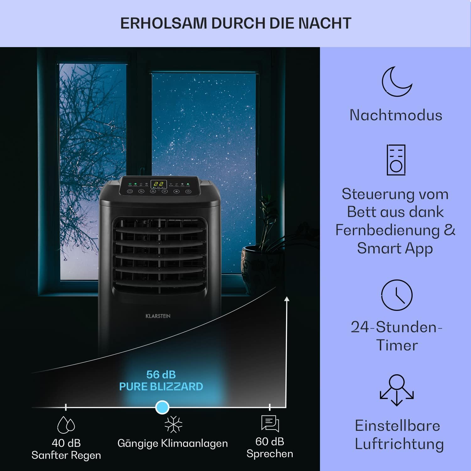 Klarstein Airconditioner, 4-in-1 Airconditioningsysteem, Luchtontvochtiger, Ventilator & Nachtmodus, Mobiele airconditioner met afvoerslang, App-bediening, Airconditioner voor ruimtes tot 44 m², 9000 BTU, Wit