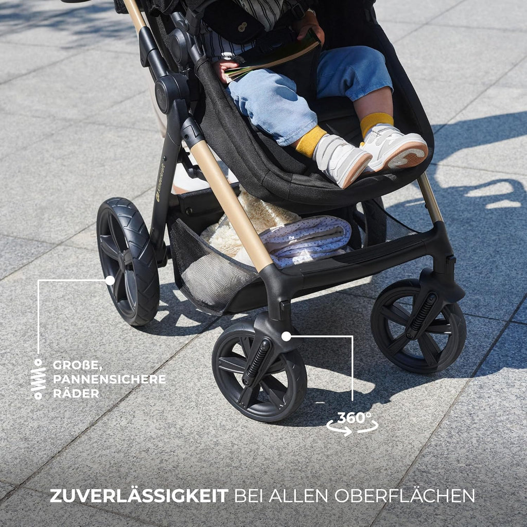 Kinderkraft MOOV2 AIR Kinderwagen 3 in 1 Kinderwagenset tot 26 kg met autostoel I-SIZE 40-75 cm, buggyfunctie, verstelbare ligstand, grote uitschuifbare kap, opblaasbare wielen, zwart