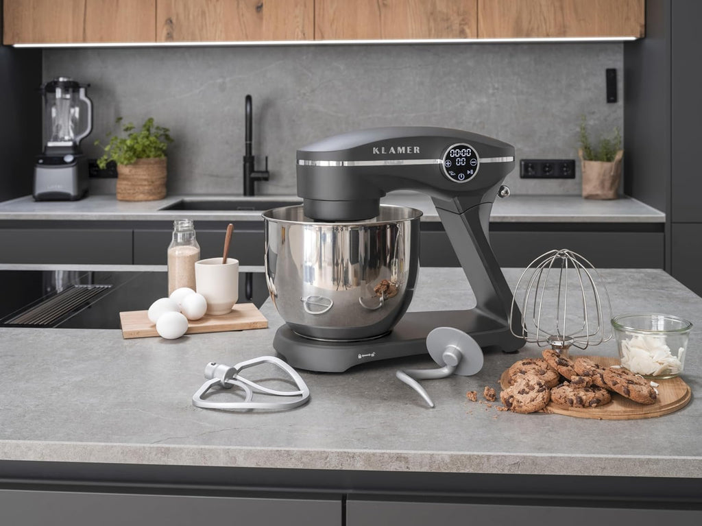 KLAMER Keukenmachine 1800W, Kneedmachine Brooddeeg met RVS Mengkom 6 L, 10 Snelheden met Timer, Planetaire Menging, Klopper, Deeghaak, Garde & Spatscherm (zwart)