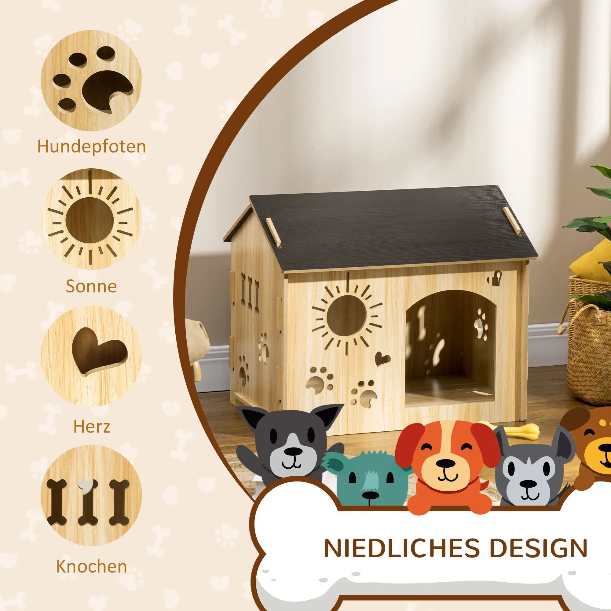 PawHut Hondenhok met schattige ventilatieopeningen, ruim