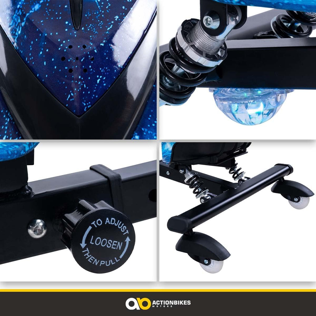 Actionbikes Motors Kinder Elektro Driftscooter | 𝟐𝟓𝟎 Watt Motor - Drift Cart 360°- 3 Geschwindigkeitsstufen - LED-Beleuchtung - Sitz verstellbar - Bluetooth - Drift Kart - Drift Auto (Space Purple)
