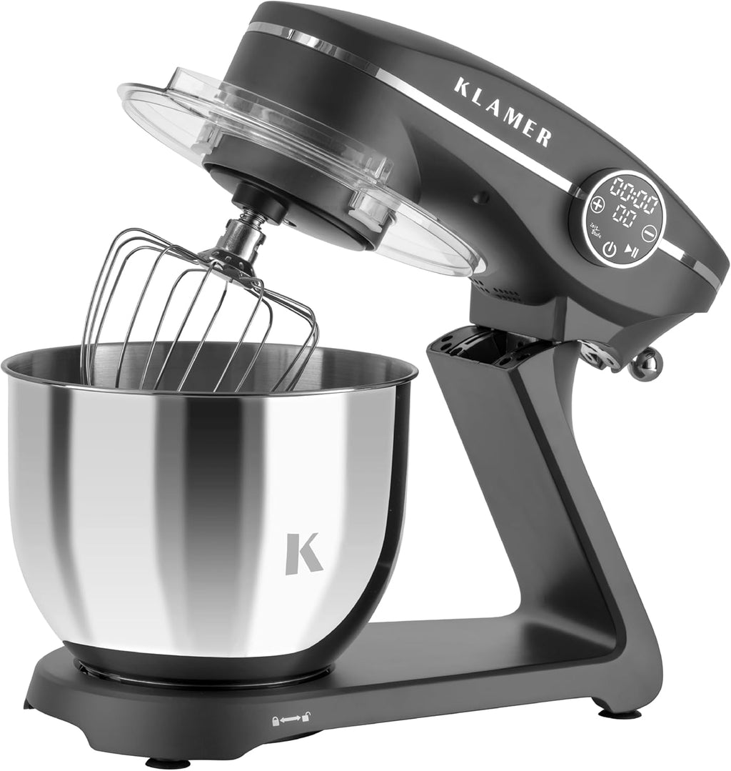 KLAMER Keukenmachine 1800W, Kneedmachine Brooddeeg met RVS Mengkom 6 L, 10 Snelheden met Timer, Planetaire Menging, Klopper, Deeghaak, Garde & Spatscherm (zwart)