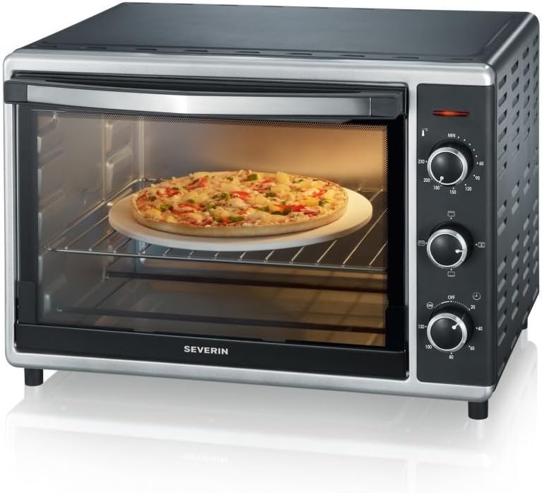 SEVERIN Bak- en Toastoven met heteluchtfunctie, Mini Oven met grillrooster, bakplaat, draaispies en pizzasteen, veelzijdige heteluchtoven met 42 L inhoud, 1.800 W, zwart, TO 2058
