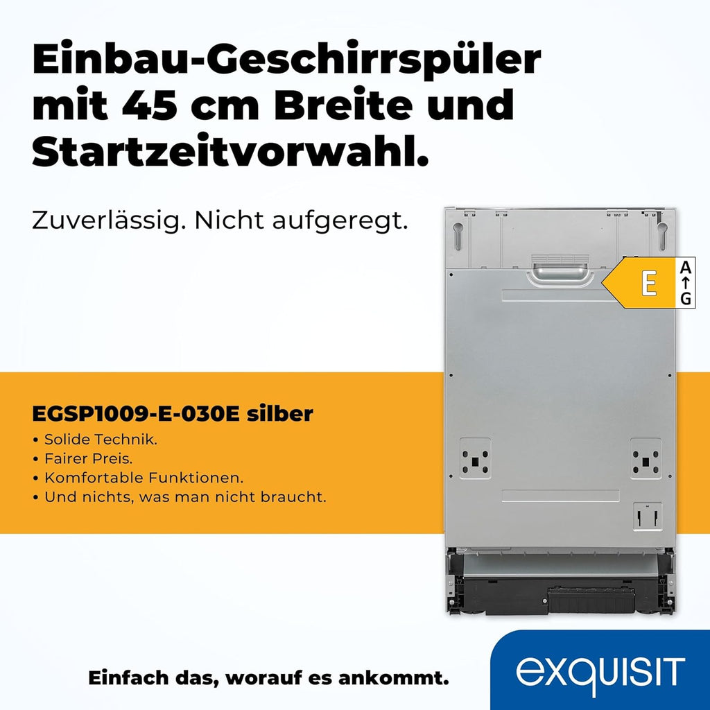 Exquisit Vaatwasser, 45 cm breedte, gedeeltelijk geïntegreerd, 9 couverts, 9 liter, startuitstel, ECO-modus, vaatwasser 45 cm, EGSP51009-EB-030E inox