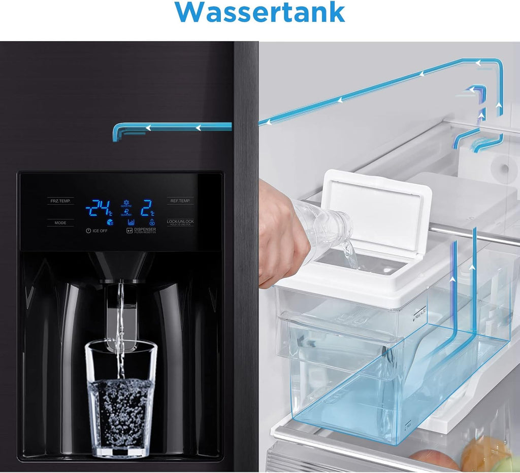 Midea KS-DDX 6.32 WT Amerikaanse koelkast/178,8 cm hoogte/254 kWh/jaar/No Frost/Dual Inverter Compressor/met 3-in-1 water-/ijsdispenser en watertank, Dark Inox