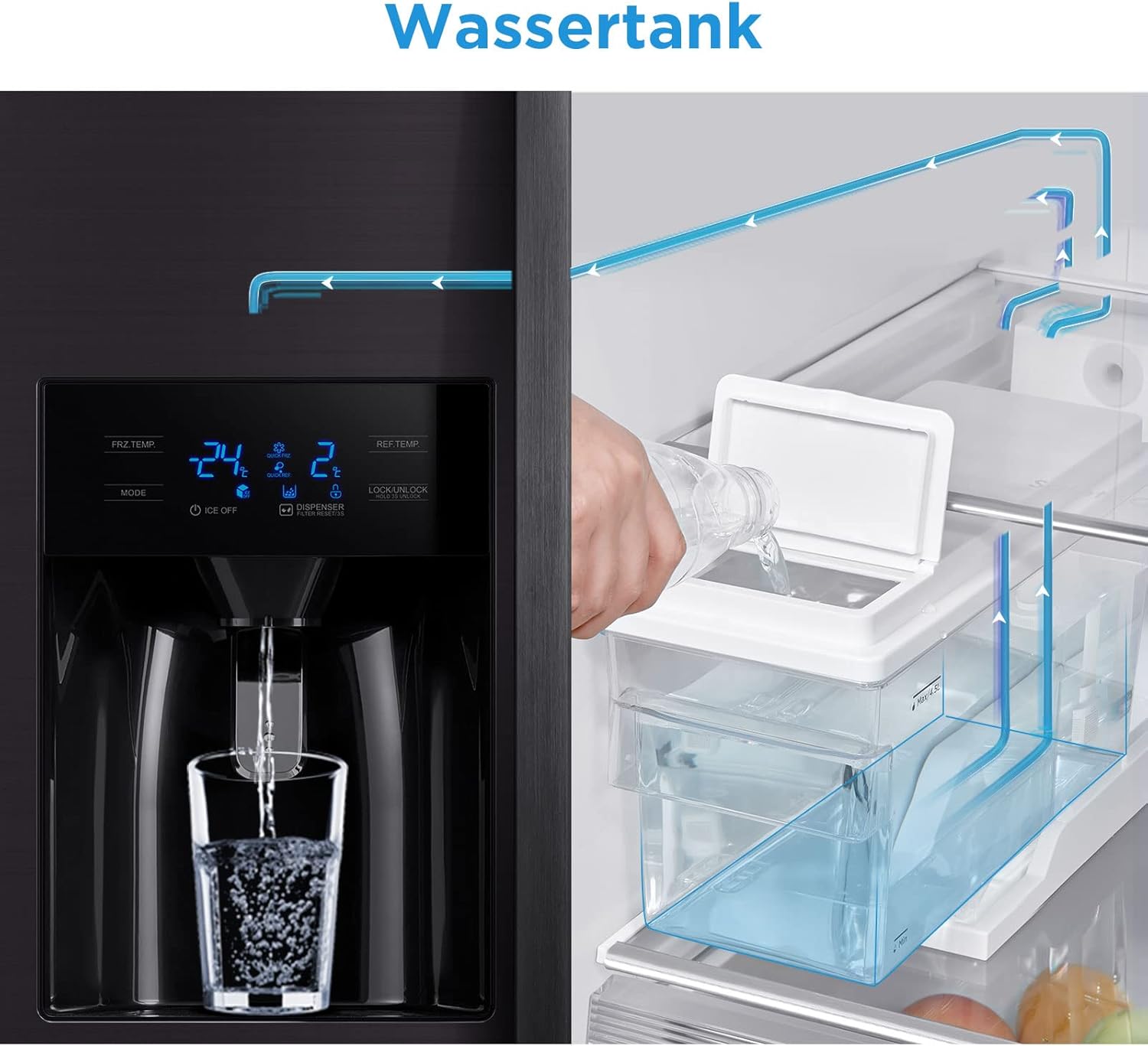 Midea KS-DDX 6.32 WT Amerikaanse koelkast/178,8 cm hoogte/254 kWh/jaar/No Frost/Dual Inverter Compressor/met 3-in-1 water-/ijsdispenser en watertank, Dark Inox