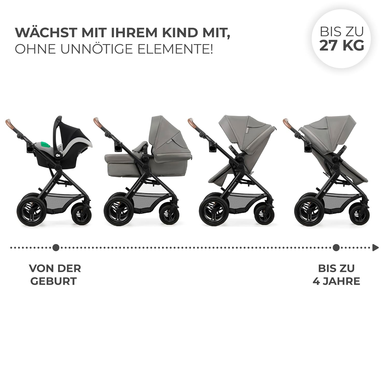 Kinderkraft MOOV2 AIR Kinderwagen 3 in 1 Kinderwagenset tot 26 kg met autostoel I-SIZE 40-75 cm, buggyfunctie, verstelbare ligstand, grote uitschuifbare kap, opblaasbare wielen, zwart
