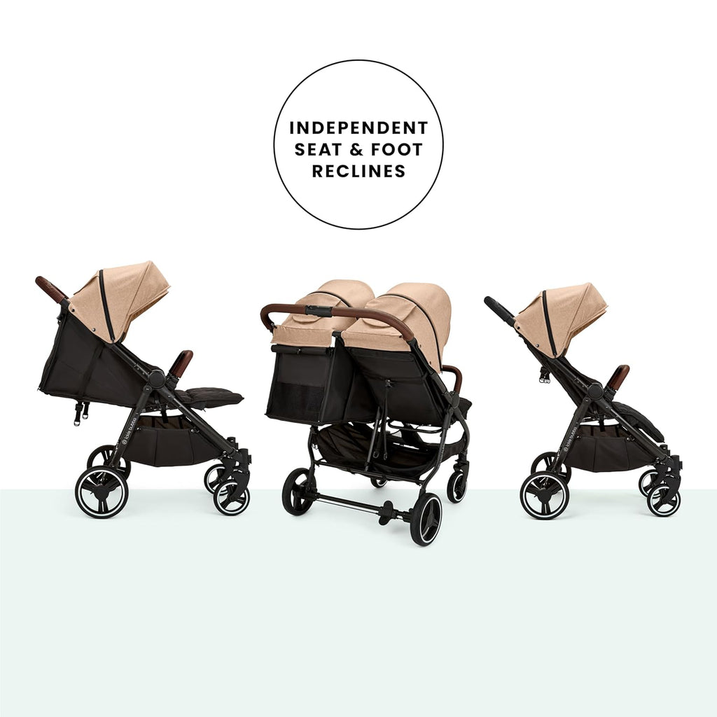 Venus Max Duo Buggy - geschikt vanaf de geboorte tot 15 kg (ongeveer 3 jaar), compacte, lichte, opvouwbare tweelingbuggy, inclusief regenhoes en voetenzak (Biscuit)