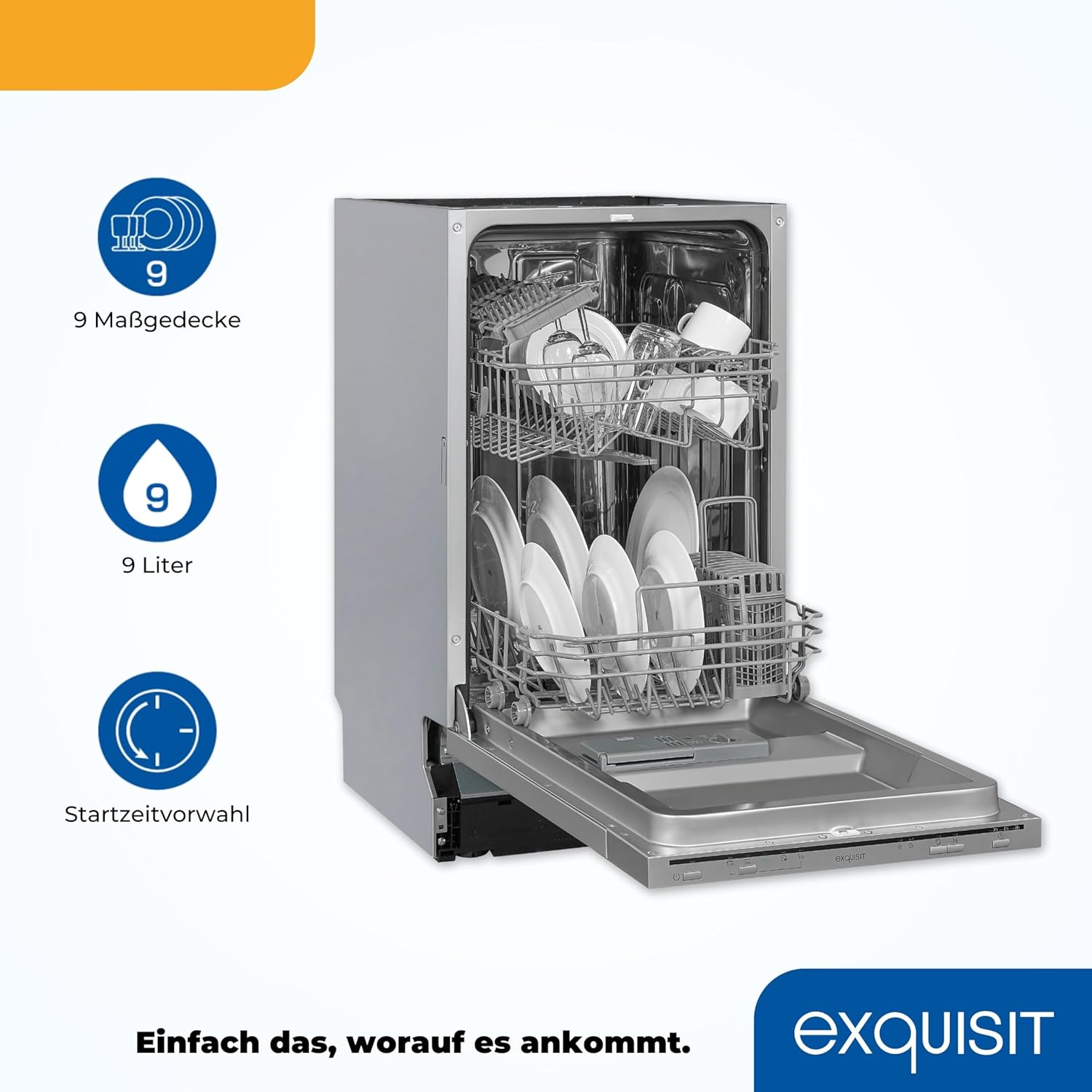 Exquisit Vaatwasser, 45 cm breedte, gedeeltelijk geïntegreerd, 9 couverts, 9 liter, startuitstel, ECO-modus, vaatwasser 45 cm, EGSP51009-EB-030E inox
