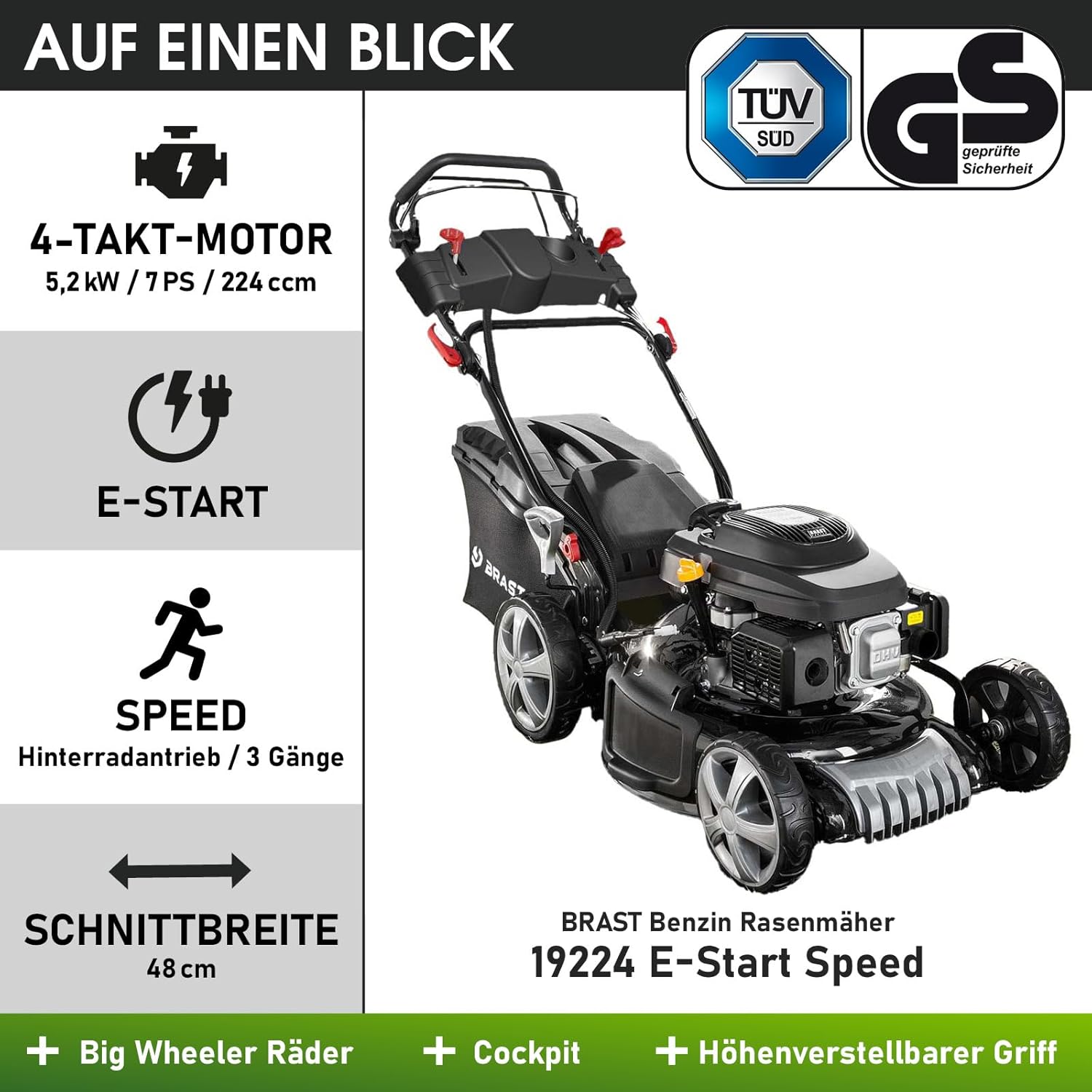 BRAST Benzin grasmaaier met aandrijving | 5,2kW(7PK) | elektrische start | 48cm snijbreedte | vele modellen | TÜV | 4-takt OHV motor | 30-80mm maaihoogte | 60L opvangbak | stalen behuizing | 19224 ESTART Speed