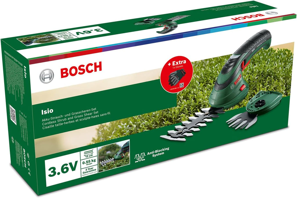 Bosch accugrasscharenset Isio (3,6 volt, meslengte 12 cm, mesafstand 8 mm, inclusief XL-tuinhandschoenen, in softcase) – Amazon Edition