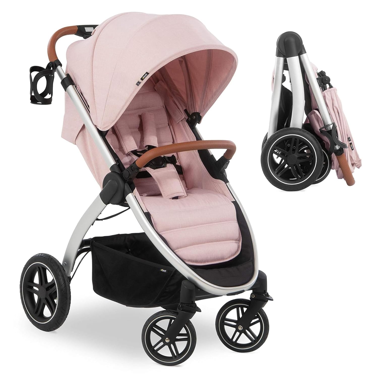 Hauck Uptown Kinderwagen Melange Rose – wandelwagen voor elk terrein, extra grote zitting, vlakke ligstand, rubberen wielen, vering, compact en eenvoudig inklapbaar, met regenhoes