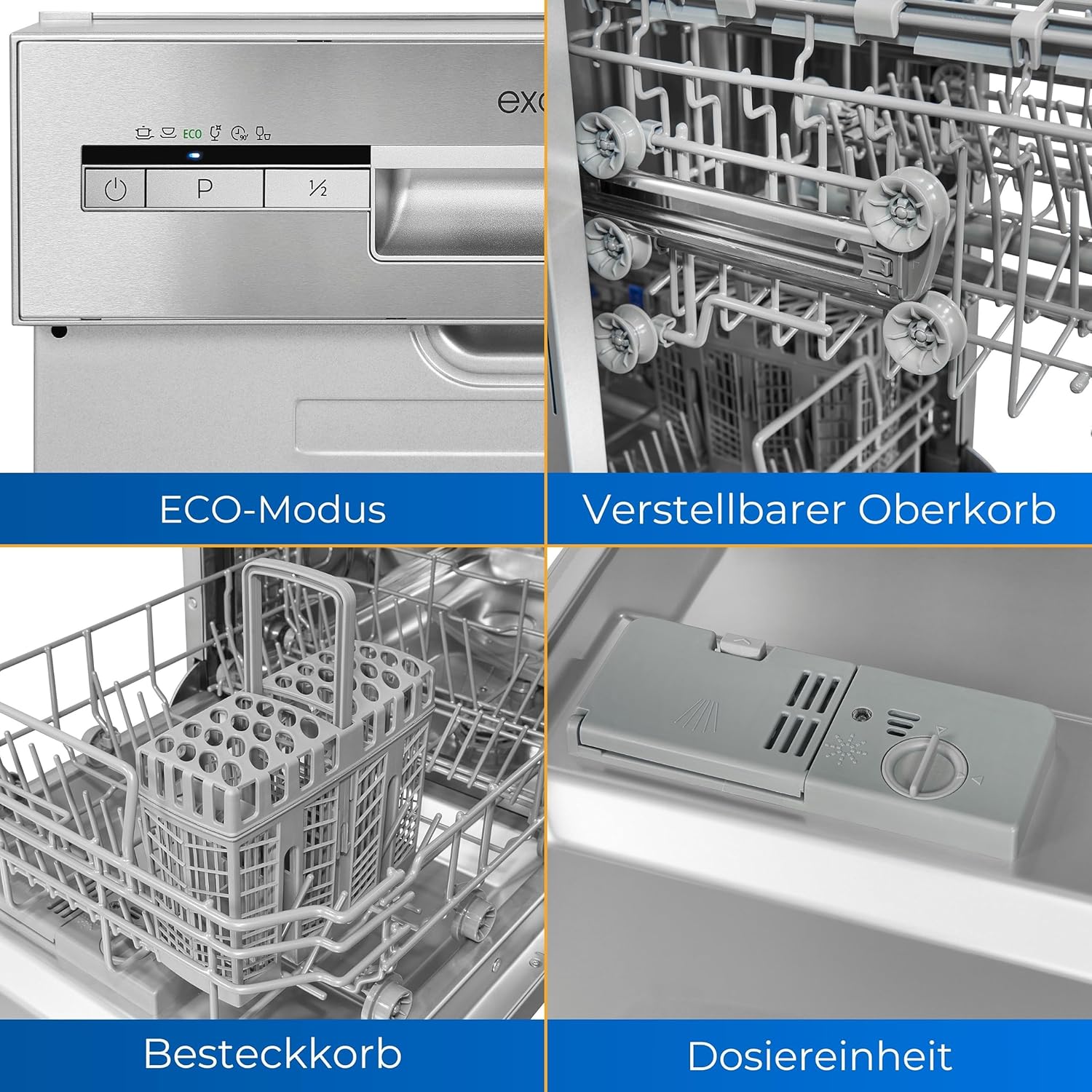 Exquisit Vaatwasser, 45 cm breedte, gedeeltelijk geïntegreerd, 9 couverts, 9 liter, startuitstel, ECO-modus, vaatwasser 45 cm, EGSP51009-EB-030E inox