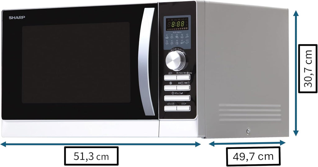 Sharp R843INW 4-in-1 magnetron met hetelucht, grill en convectie/ 25 L/ 800 W/ 1000 W infraroodgrill/ 2500 convectie/ 10 automatische programma's/ pizzaprogramma/ metalen draaiplateau (30 cm)/ zilver