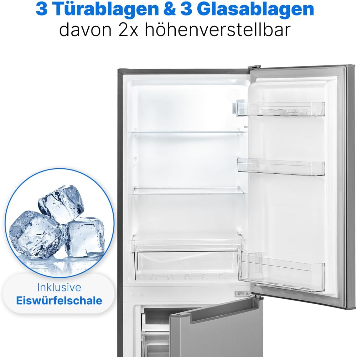 Bomann® Koelkast met vriesvak 143 cm hoog | Koelvriescombinatie 173L met 3 plateaus & 3 laden | Deurrichting omkeerbaar | stille koelvriescombinatie 40dB | Koelkast | KG 7331 inox