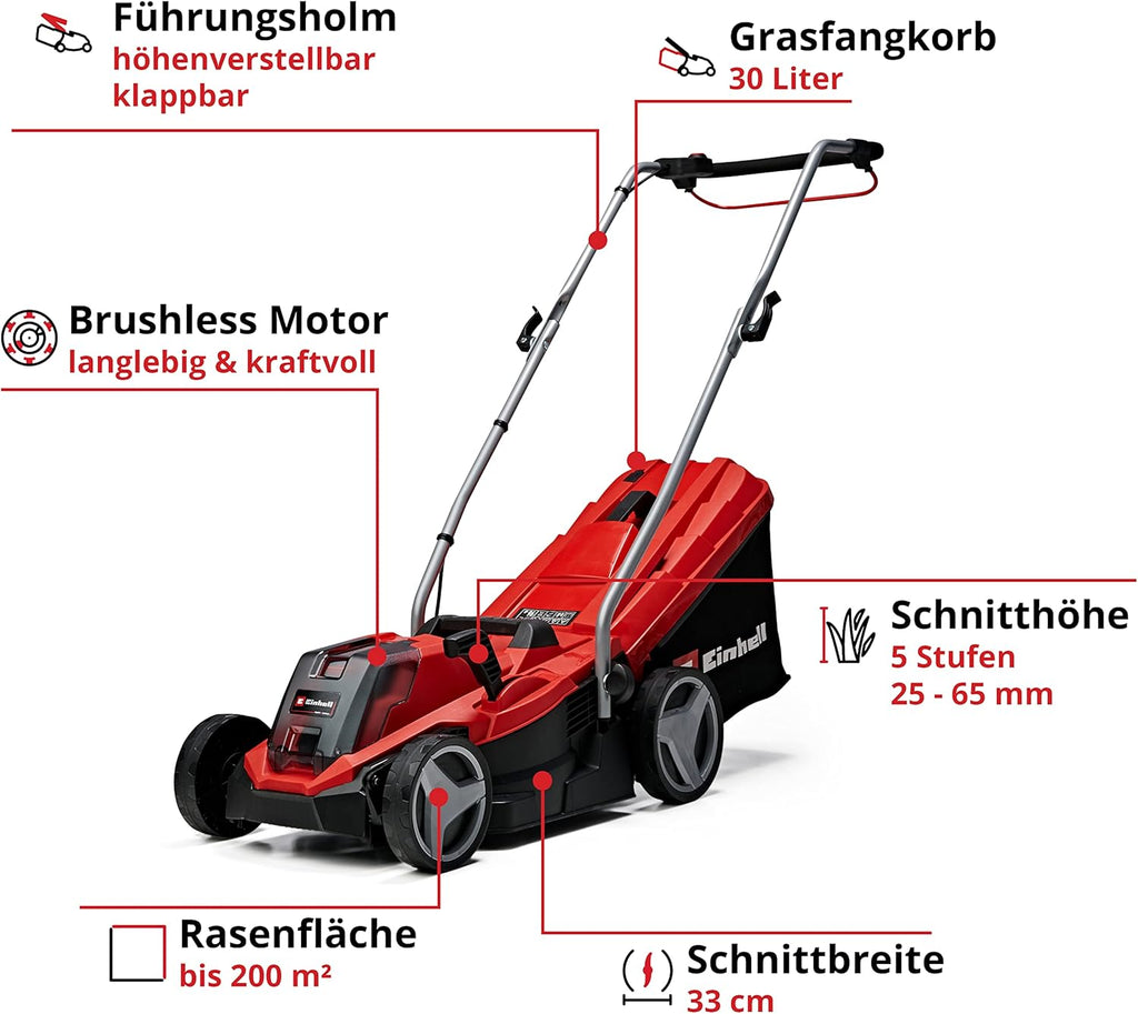 Einhell Accu-grasmaaier GE-CM 18/33 Li Kit Power X-Change (18 V, 33 cm maaibreedte, tot 200 m², borstelloos, 30L opvangzak, 25-65 mm maaihoogte, incl. 4,0 Ah accu + oplader)
