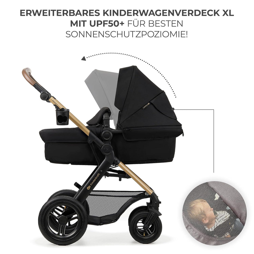 Kinderkraft MOOV2 AIR Kinderwagen 3 in 1 Kinderwagenset tot 26 kg met autostoel I-SIZE 40-75 cm, buggyfunctie, verstelbare ligstand, grote uitschuifbare kap, opblaasbare wielen, zwart